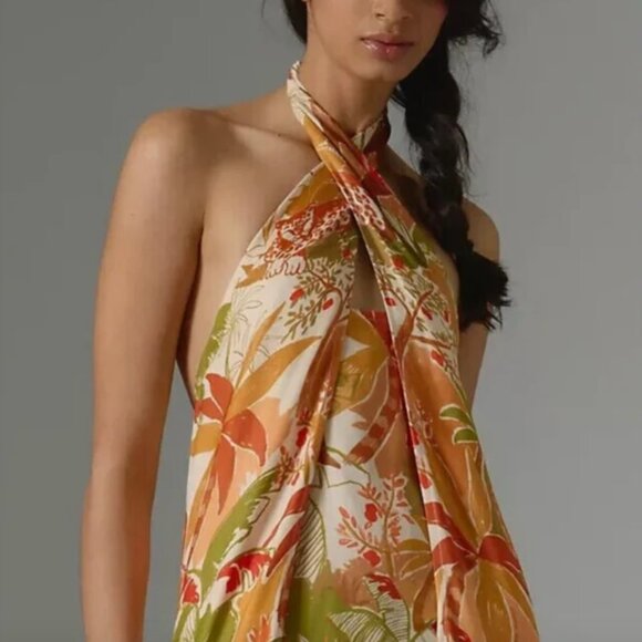 NWT Farm Rio Leopard Forest Sand Halter Neck Fringed Mini Dress Orange Print - Picture 2 of 12